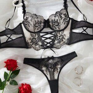 NEW Shein 2pc Mesh Contrast Lingerie Set Black Size XS